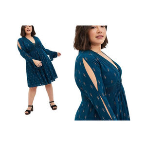 Torrid Dress Sz 2X Blue Mini Babydoll Crochet Skater Night Out Floral Gauzy EUC